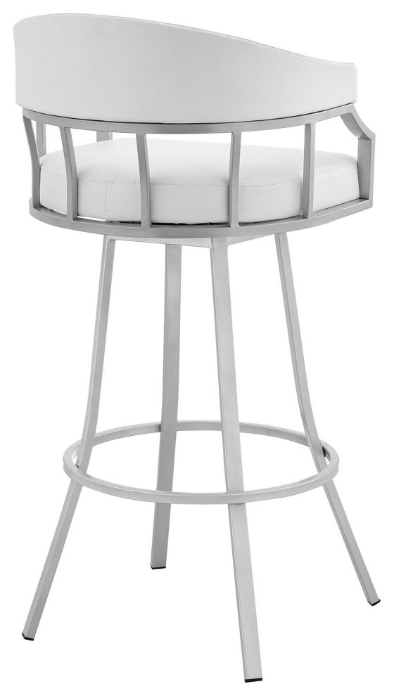 Benzara BM282044 30" Swivel Bar Stool, Silver Flared Legs, White Faux Leather