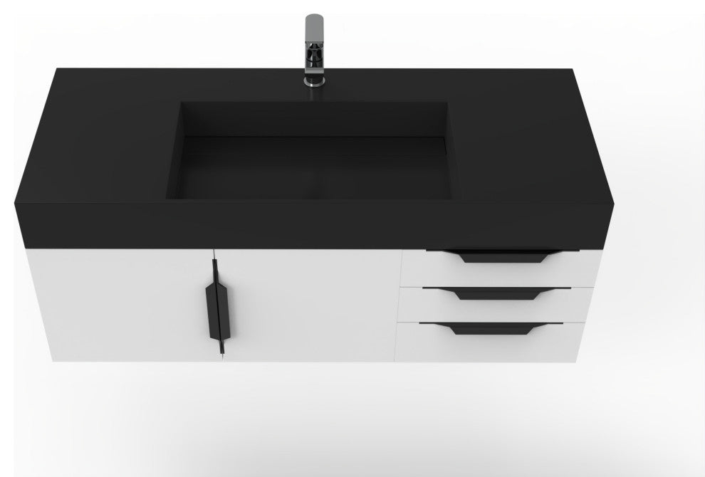 CastelloUSA Amazon 48" Wall Mounted Vanity Set, White, Black Top, Black Handles