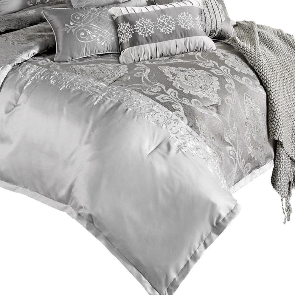 Benzara BM225173 12 Piece King Polyester Comforter Set, Medallion Print, Gray