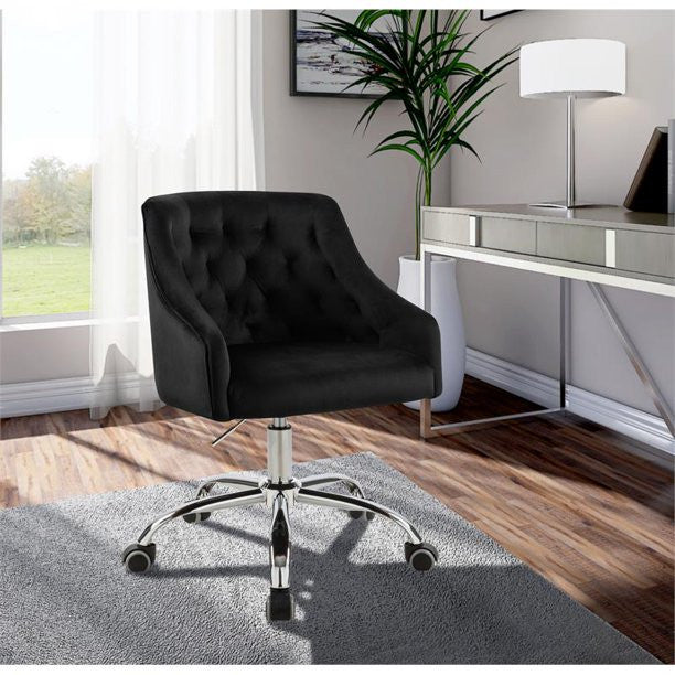 Elegant Office Chair, Velvet Seat & Buttonless Tufted Round Back, Black/Chrome