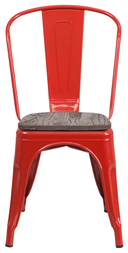 Red Metal Stackable Chair With Wood Seat