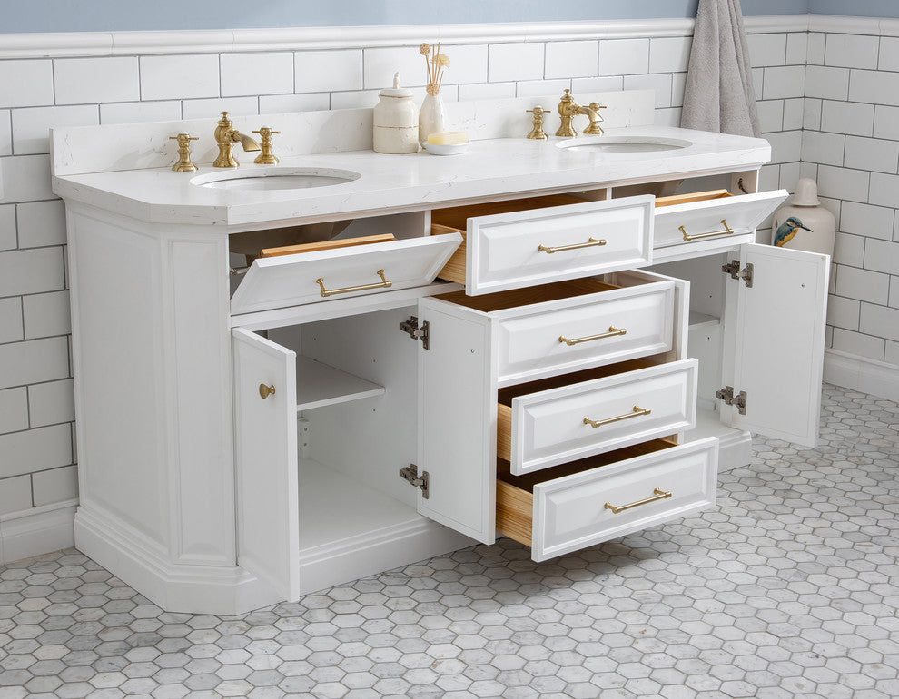 72" Palace Quartz White Vanity With Brass Hardware, Faucets and Chrome Mirrors