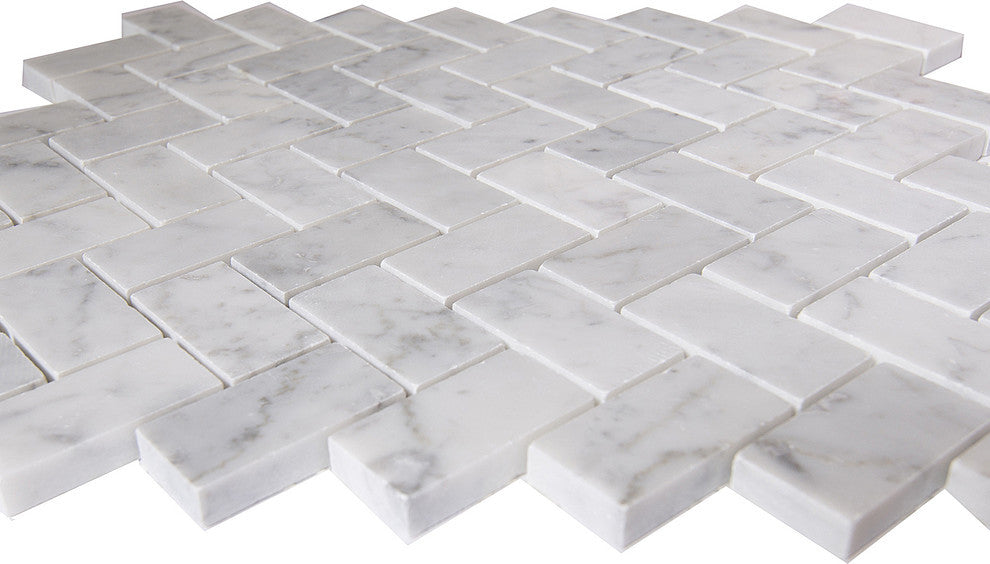 12"x11"Carrara White Marble Mosaic Tile, Herringbone, Polished