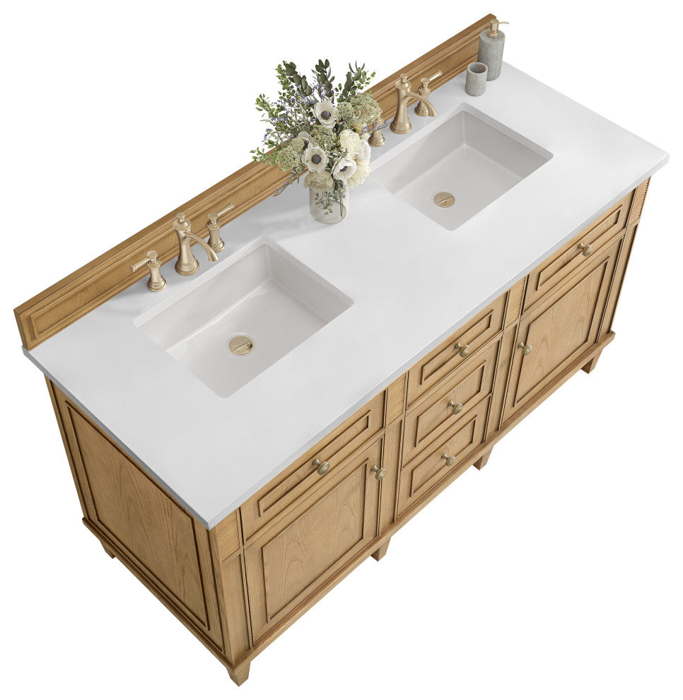 Lorelai 60" Double Vanity, Light Natural Oak, 3 CM White Zeus Top
