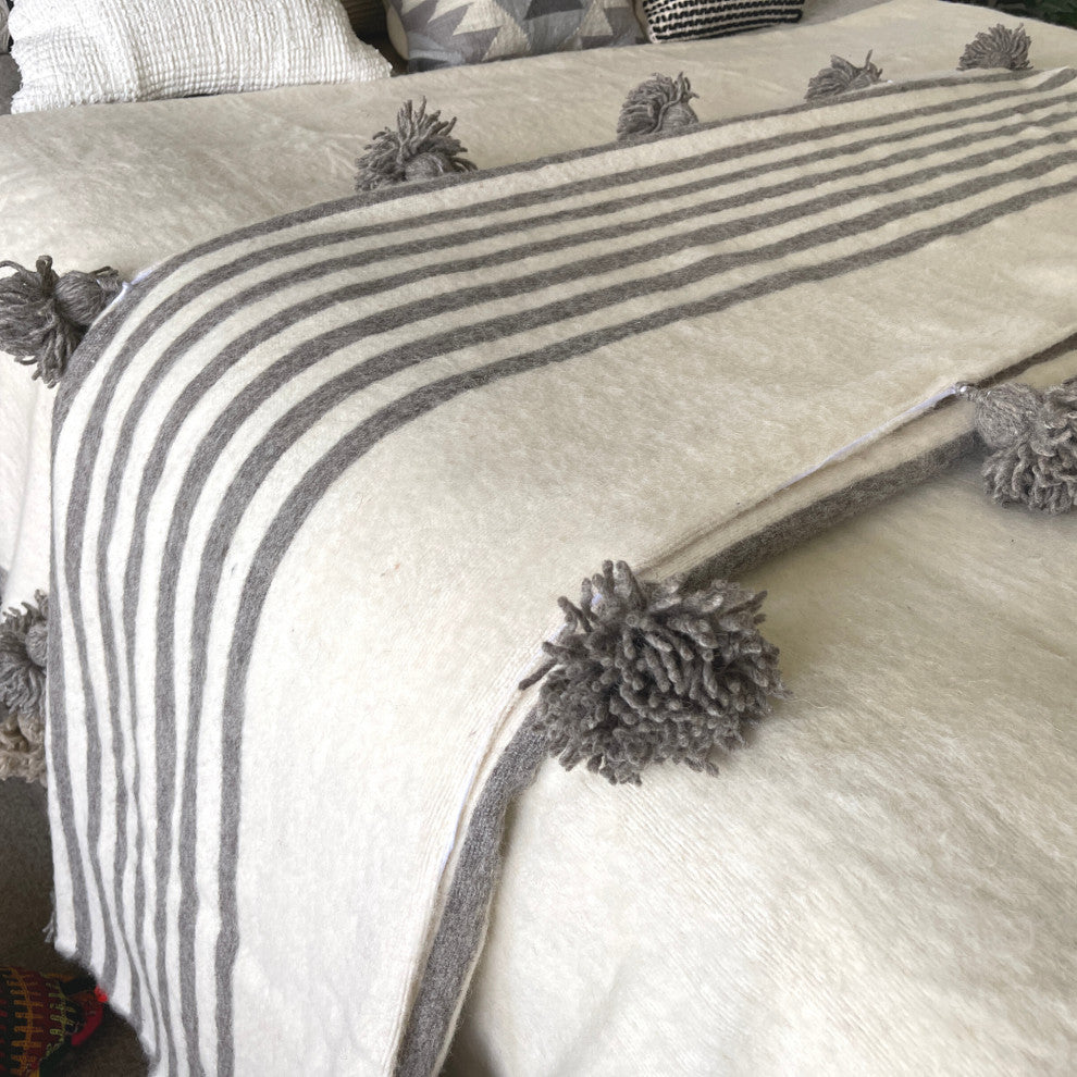 Handwoven Pom Pom Wool Blanket Off-White With Grey Stripes, 78in X118in