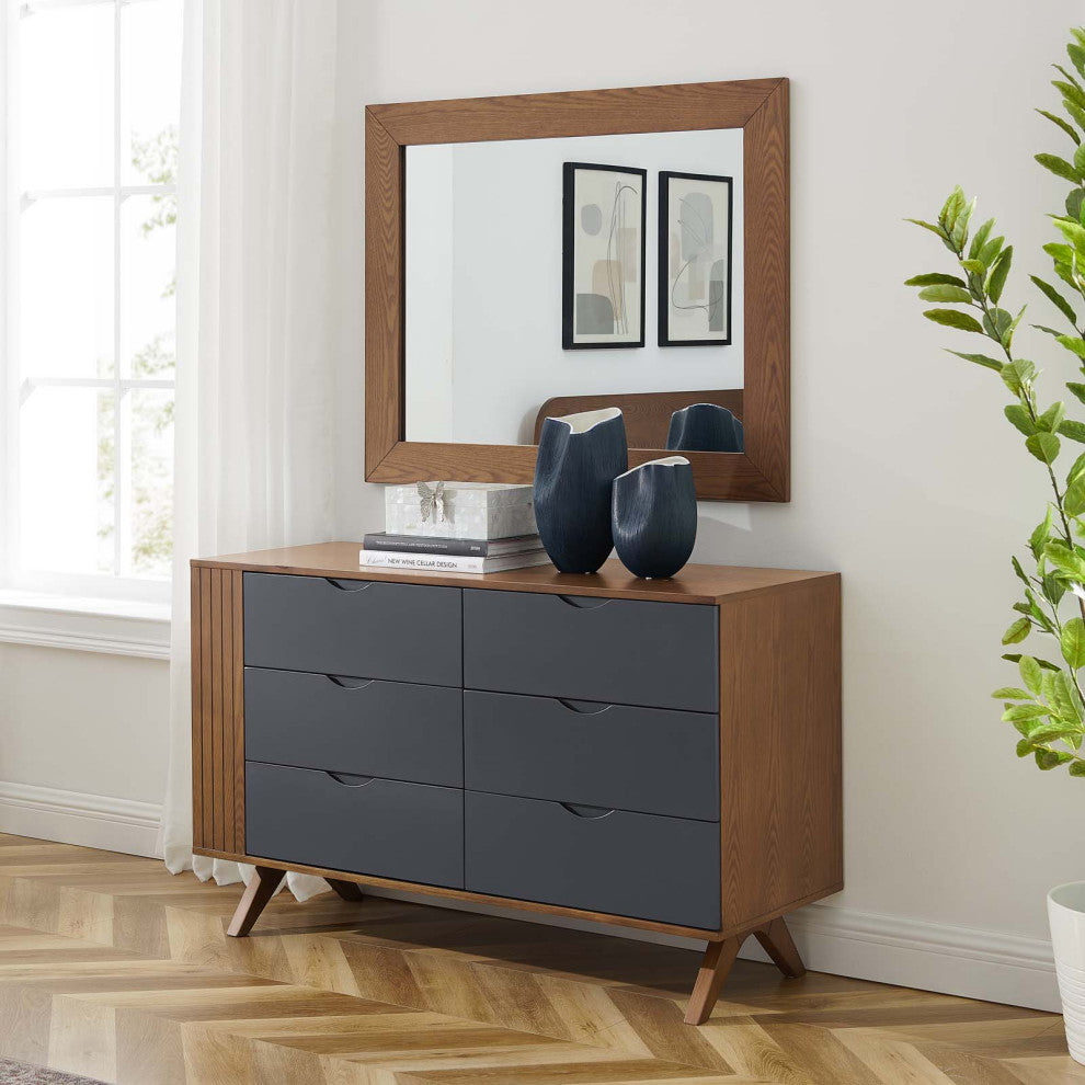 Dresser Drawer Chest Mirror Set, Walnut, Wood, Modern, Mid Century Guest Suite