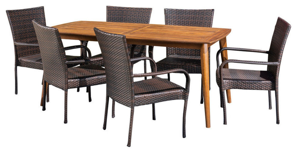 GDF Studio 7-Piece Arthur Outdoor Wicker Dining Set With Acacia Dining Table