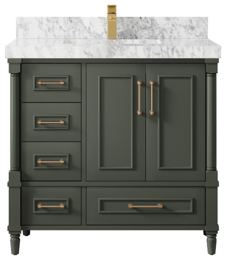 Aberdeen 36 Center Sink Bath Vanity in Pewter Green 2" Carrara Marble