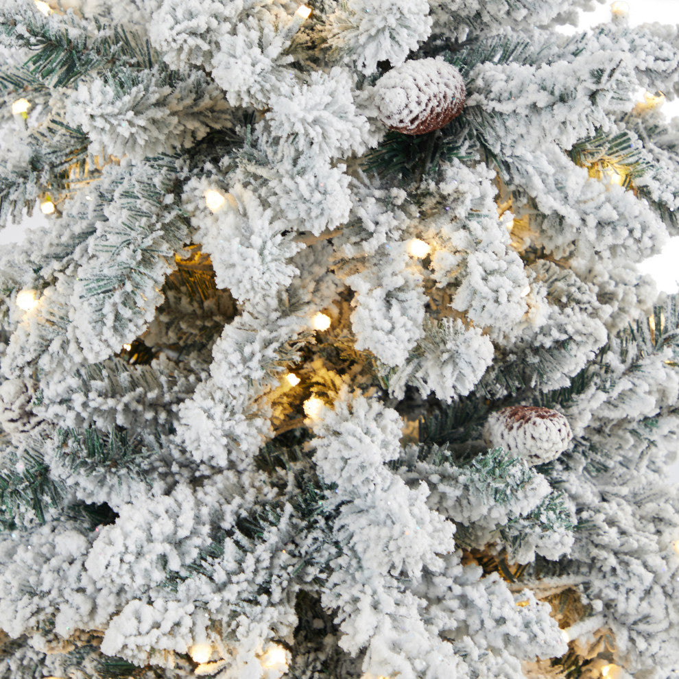 4.5' Flocked Livingston Fir Faux Xmas Tree W/Pinecones & Clear Lights, Urn