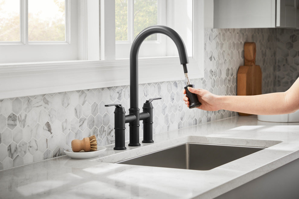Kinzie Two Handle Pull-Down Bridge, Satin Black