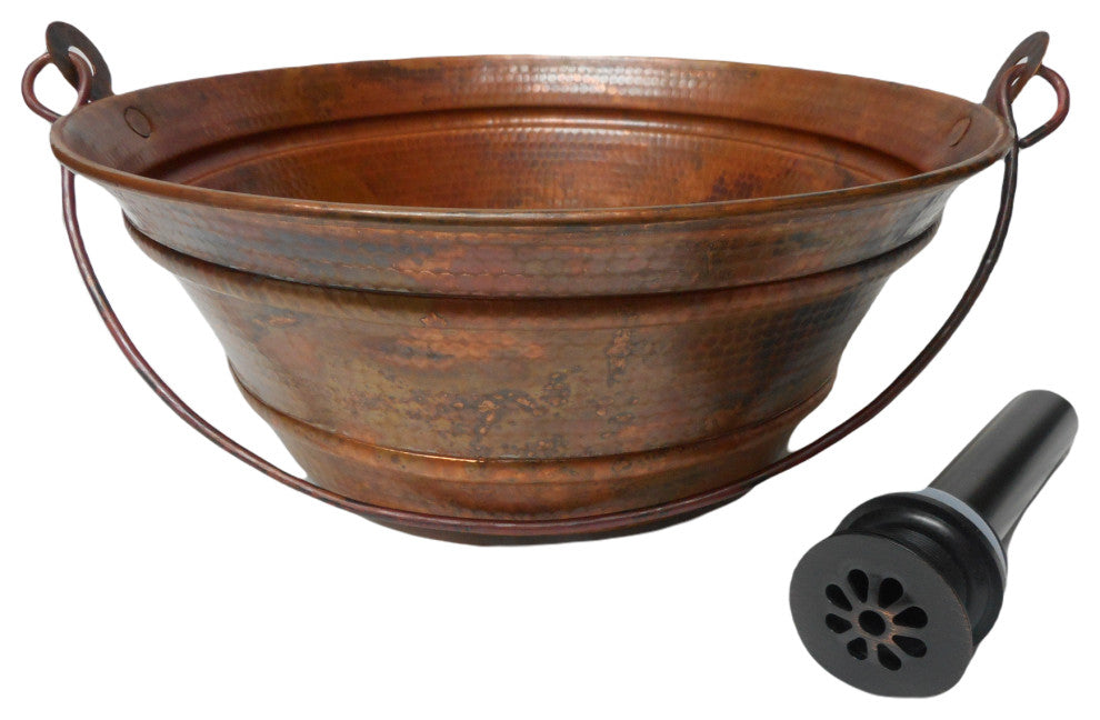 15" Round Copper Bucket Bathroom Sink in Fire Burnt Patina with Daisy Drain