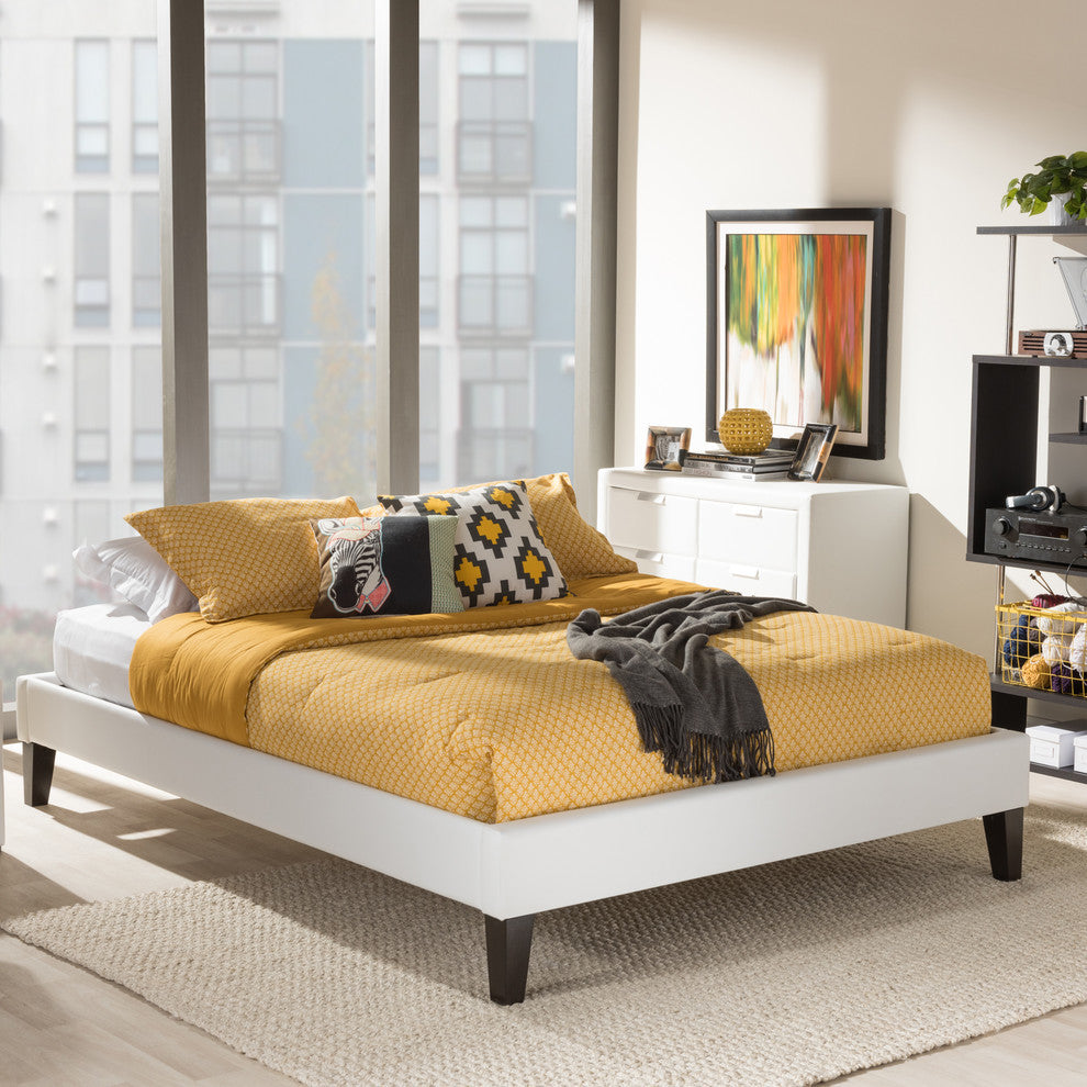 Lancashire White Faux Leather Full Size Bed Frame With Tapered Legs