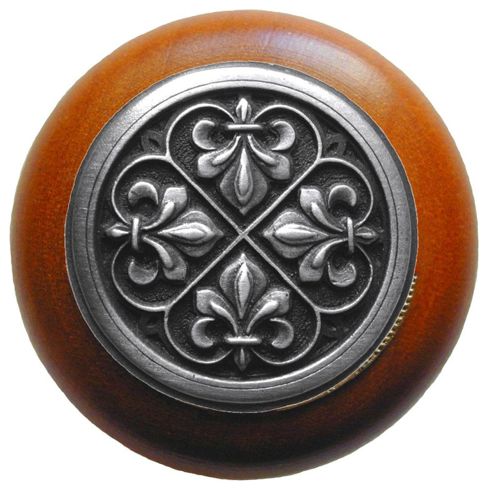 Fleur-de-Lis Wood Knob, Antique Brass, Cherry Wood Finish, Antique Pewter
