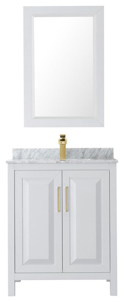 30"SGL Bathroom Vanity, White, Carrara Countertop, Sink, 24" Mirror, Gold Trim