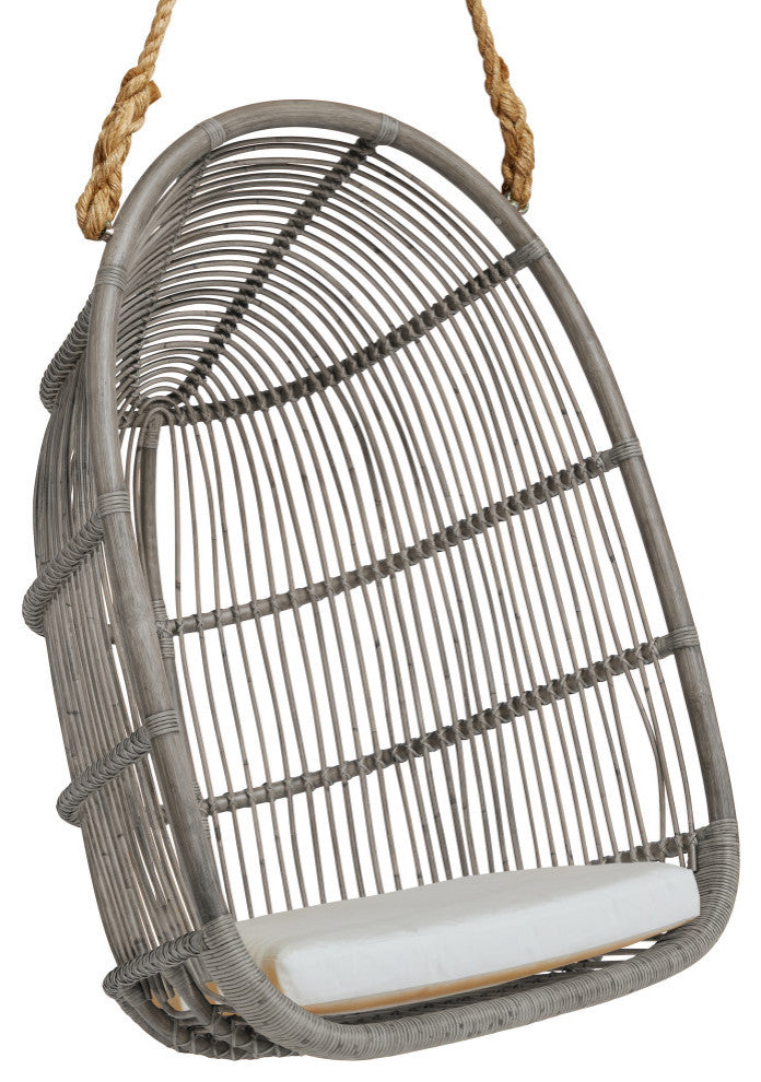 Renoir Rattan Hanging Swing Chair, Taupe Gray, Tempotest White Canvas Cushion