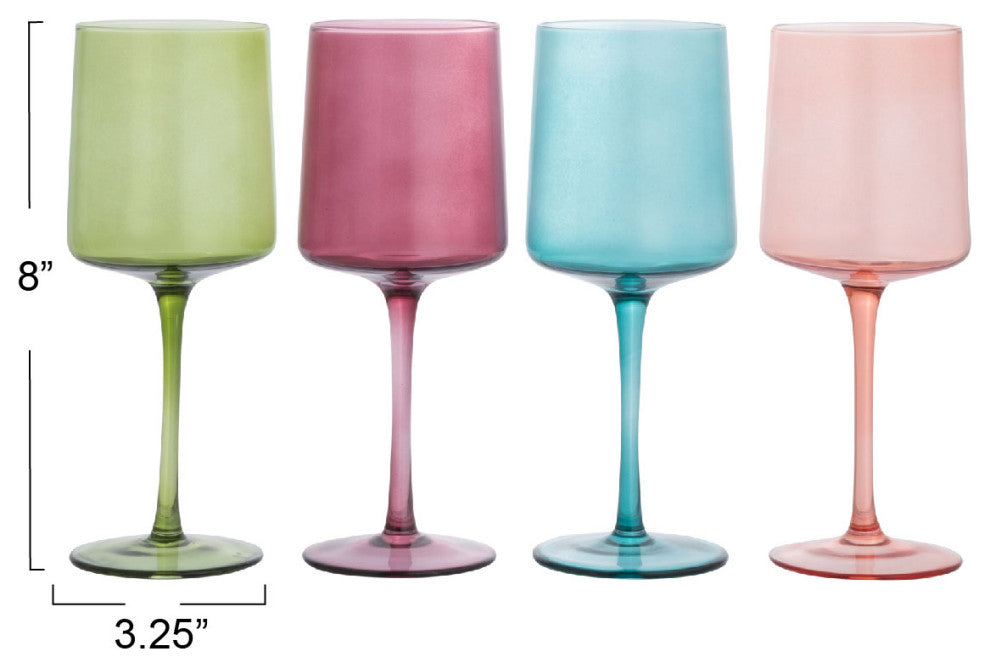 Hand Blown Stemmed Wine Glasses, 14 Ounces, 4 Assorted Colors