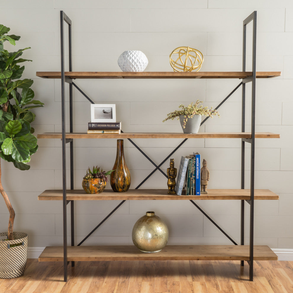 Elizabeth Industrial 4 Shelf Firwood Bookcase, Antique Natural, 17.00" Depth