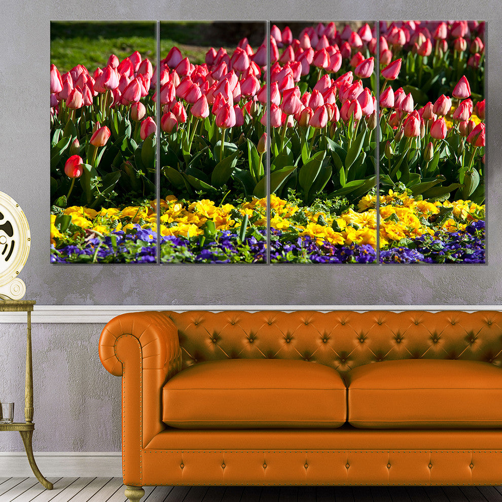 Red Tulips with Yellow Purple Flowers, Flower Canvas Print, 48"x28", 4 Panels