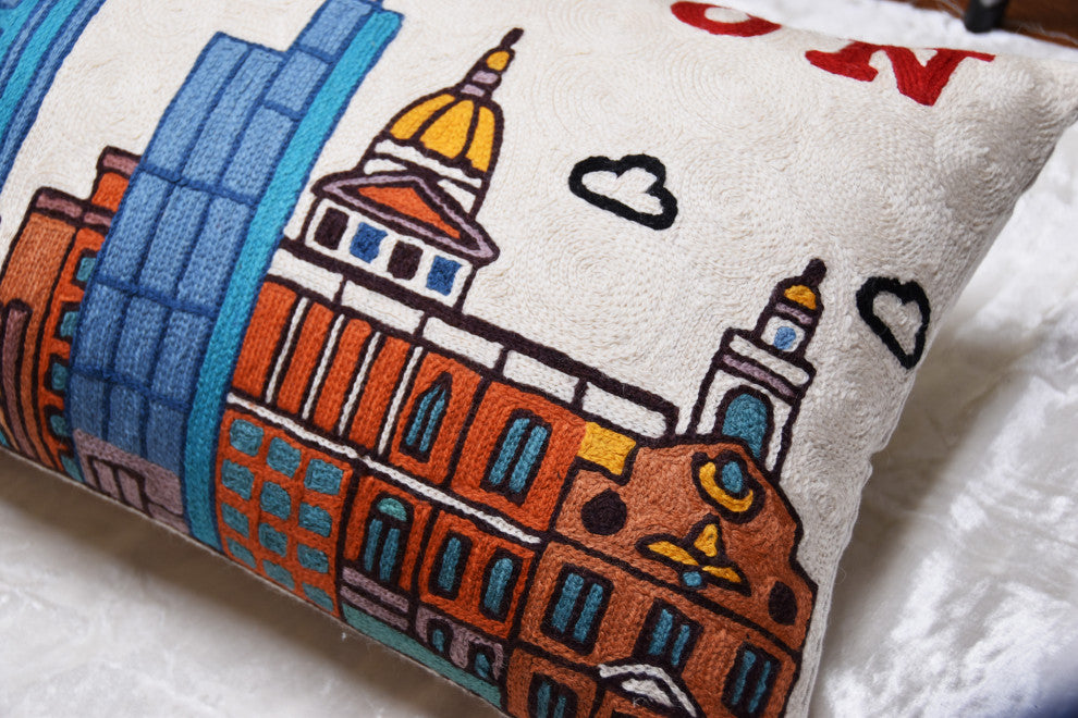 Lumbar Boston Decorative Pillow Cover Hand Embroidered Wool 14x24