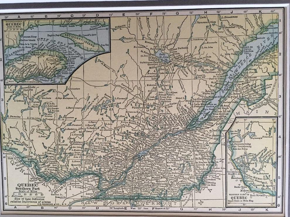 Original Vintage 1927 Quebec  Map, Framed