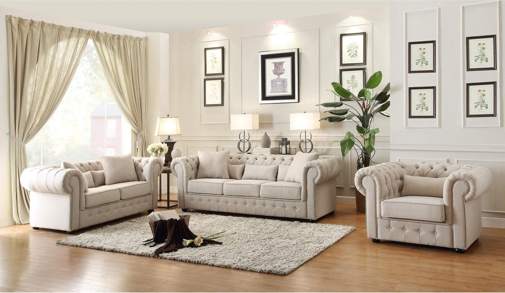 3-Piece Scotlynn Button Tufted Set Sofa, Love Seat and Chair, Natural Fabric
