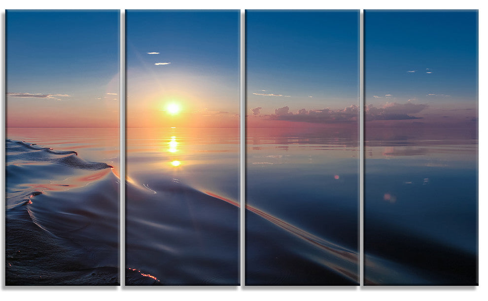 "Smooth Sea Surface Under Sunset" Beach Canvas Wall Art, 4 Panels, 48"x28"
