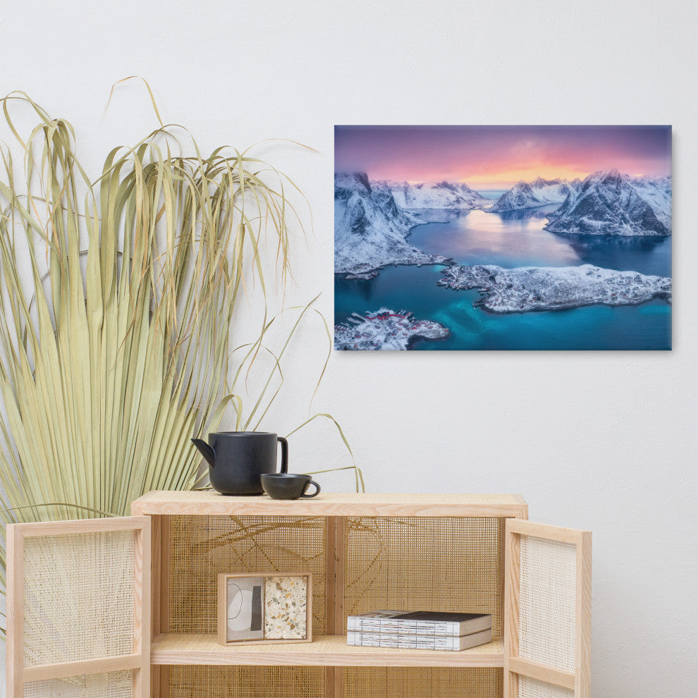 Reine at Winter Sunset Icy Mountain Landscape Photo Canvas Wall Art Prints, 24" X 36"