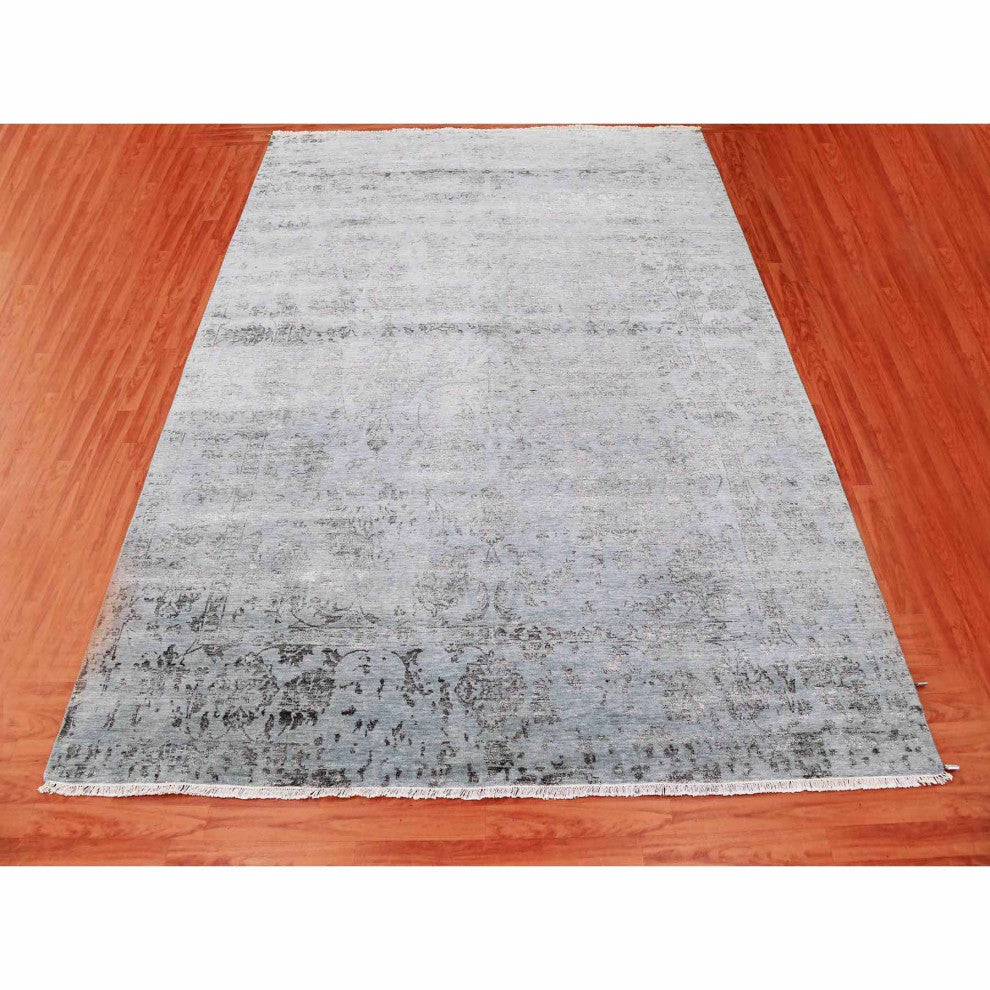 Silver Gray Wool and Silk Hand Knotted Persian Tabriz Design Rug, 8'10"x11'9"