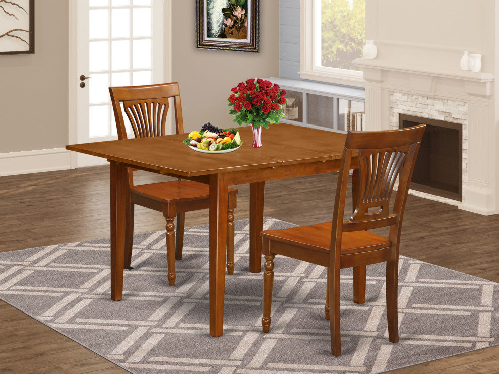 3 Pc Milan Kitchen Table Featuring Leaf, 2 Wood Dinette Chairs In Saddle Brown .