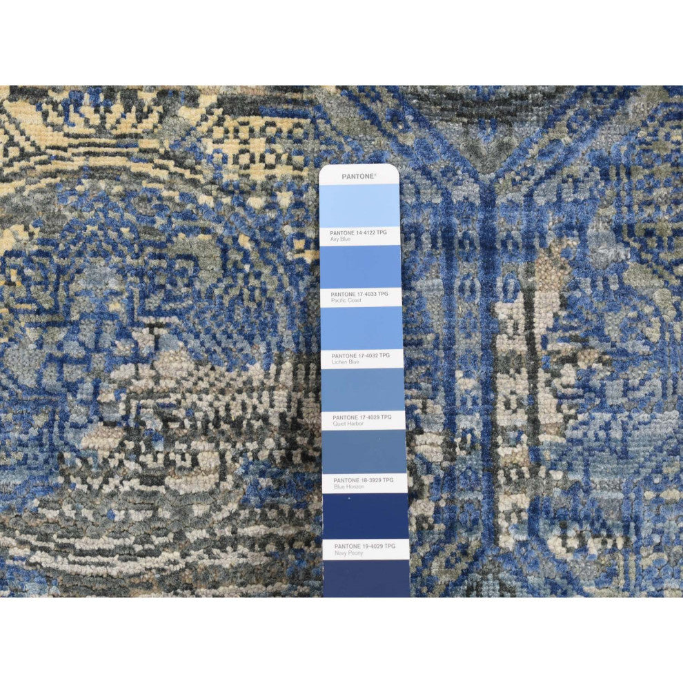 Blue Repetitive Rosette Design Silk With Wool Hand Knotted Runner Rug 2'8"x9'1"