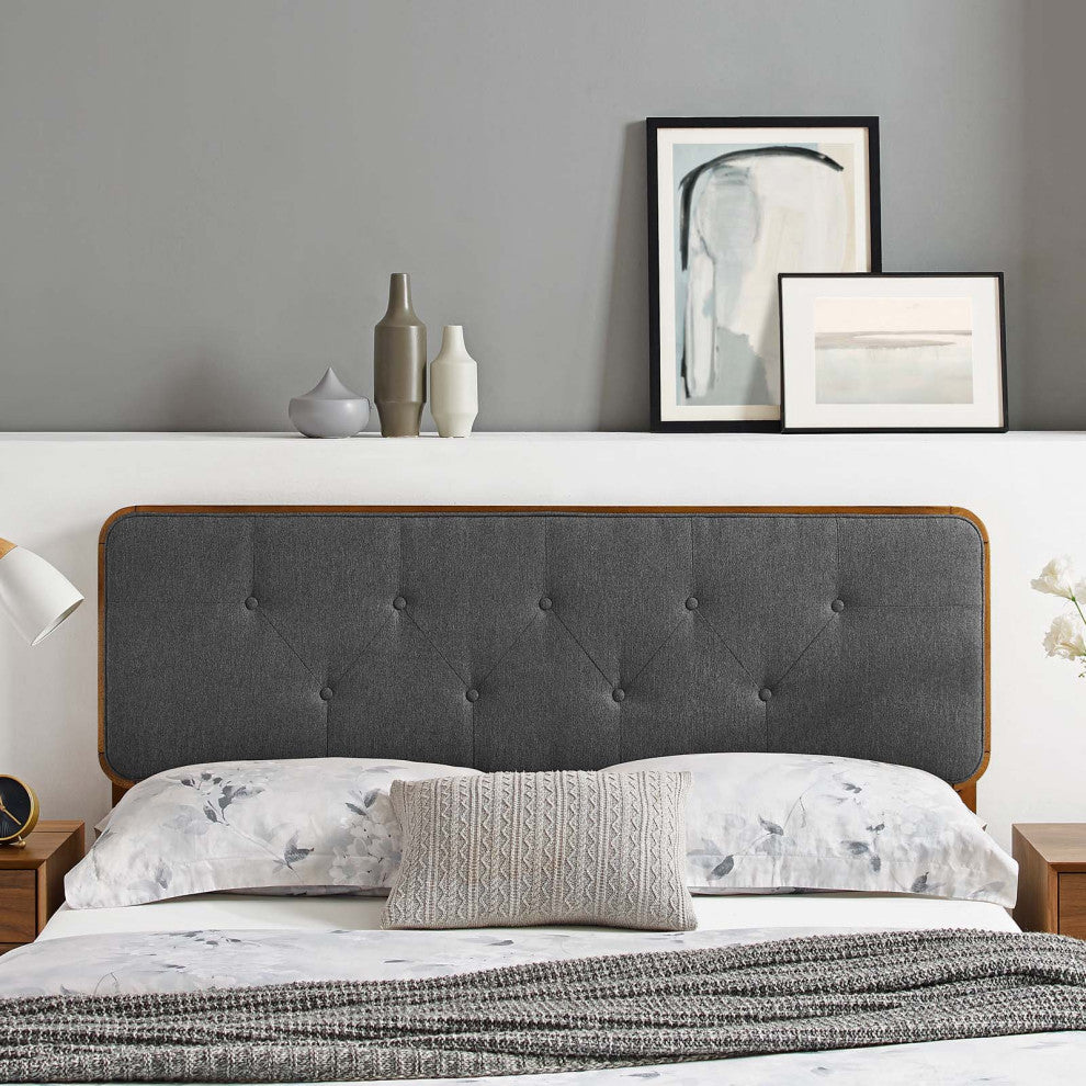 Tufted Headboard, Twin Size, Wood, Fabric, Brown Walnut Gray, Modern