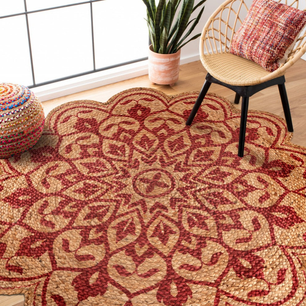 6" Round Tan and Red Boho Chic Area Rug