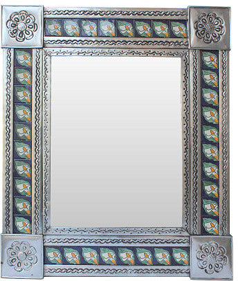 Medium Silver Lily Mexican Talavera Tile Mirror