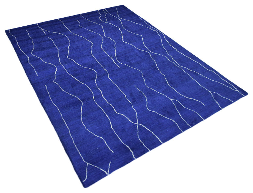 HAND KNOTTED LOOM SILK AREA RUGS-8'x10',Rectangle,Dark Blue White,Contemporary