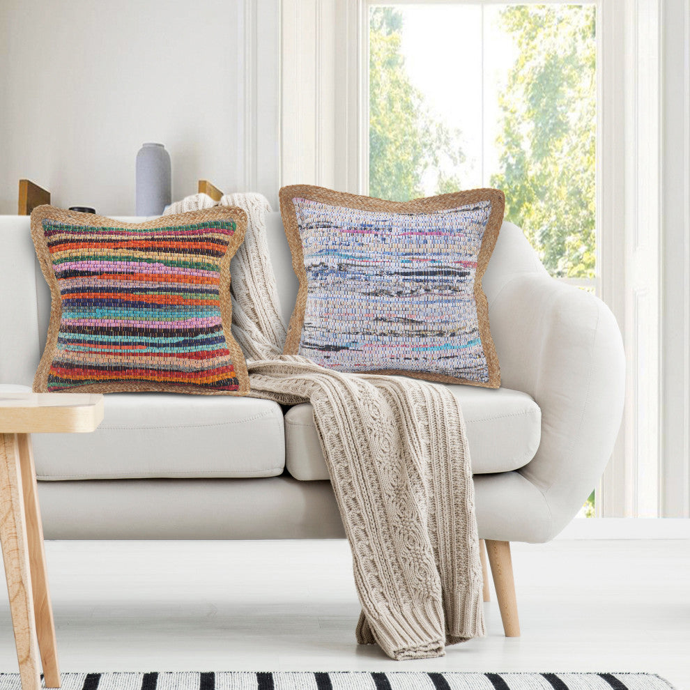 White Multicolored Chindi Jute Bordered Throw Pillow