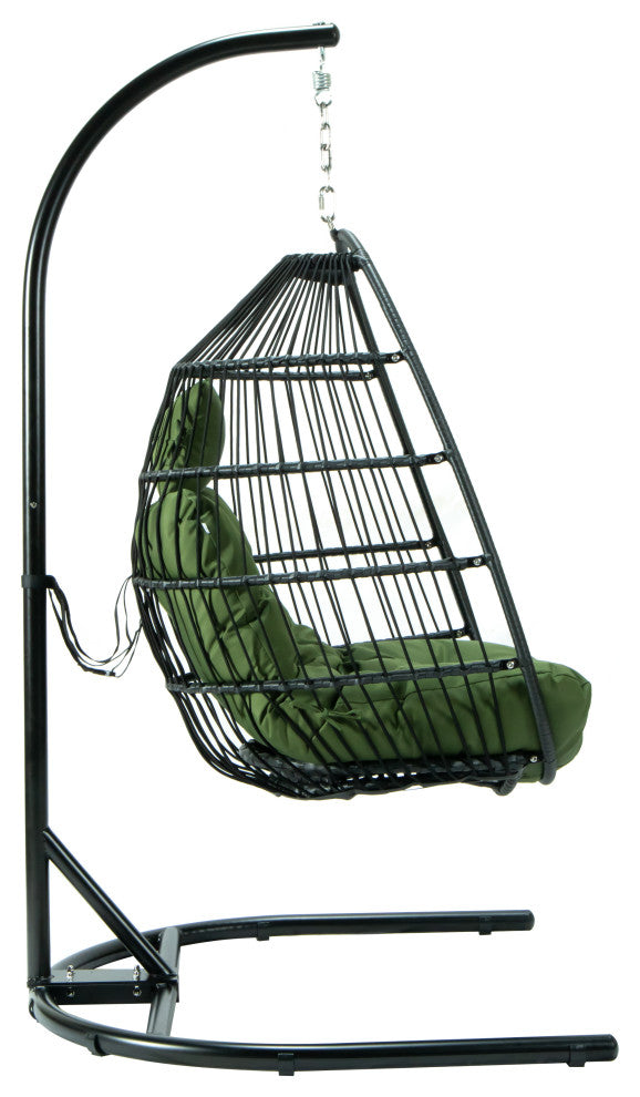 LeisureMod Wicker Folding Hanging Egg Swing Chair, Dark Green