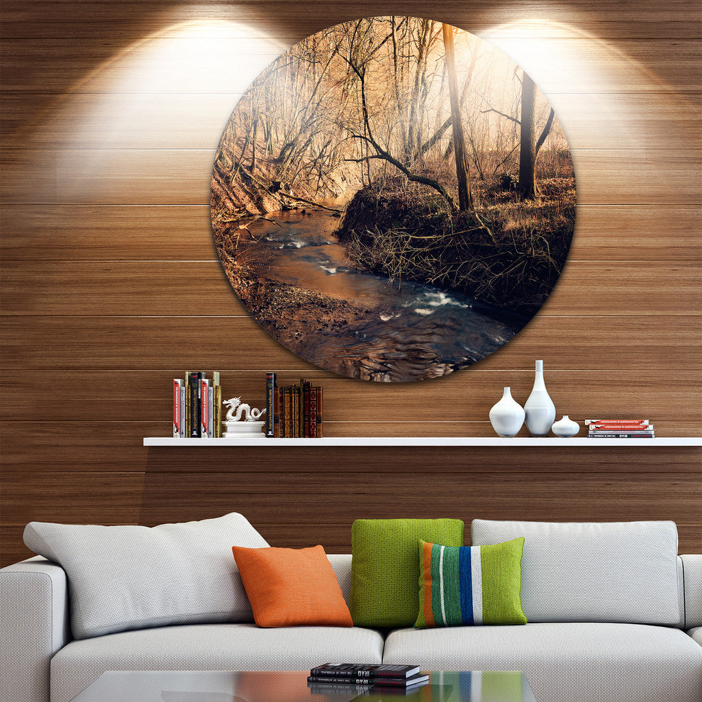 Brown Creek In National Park, Modern Forest Round Metal Wall Art, 11"