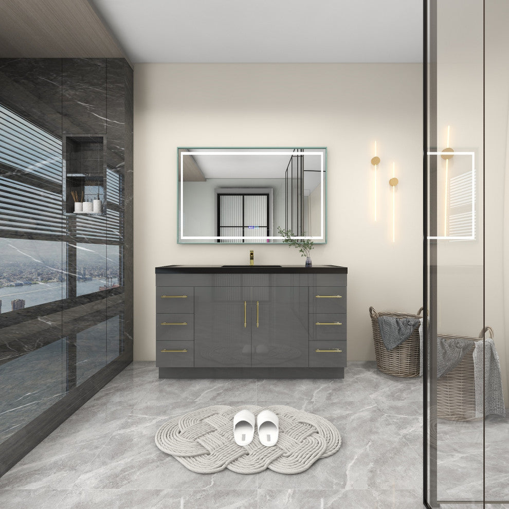Rosa 60" Free Standing Modern Vanity, High Gloss Gray, Matt Black Top