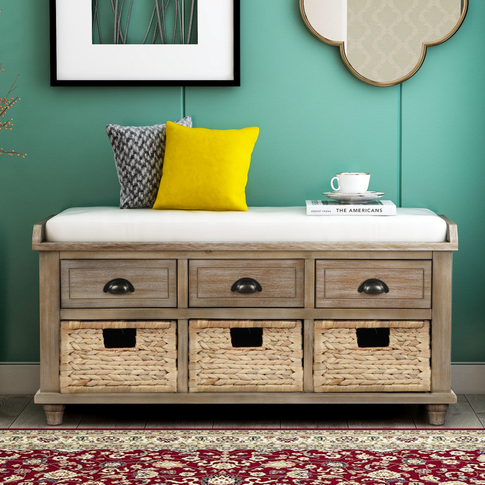 TATEUS 42" Rustic Storage Bench With 3 Drawers and 3 Rattan Baskets, White Washed