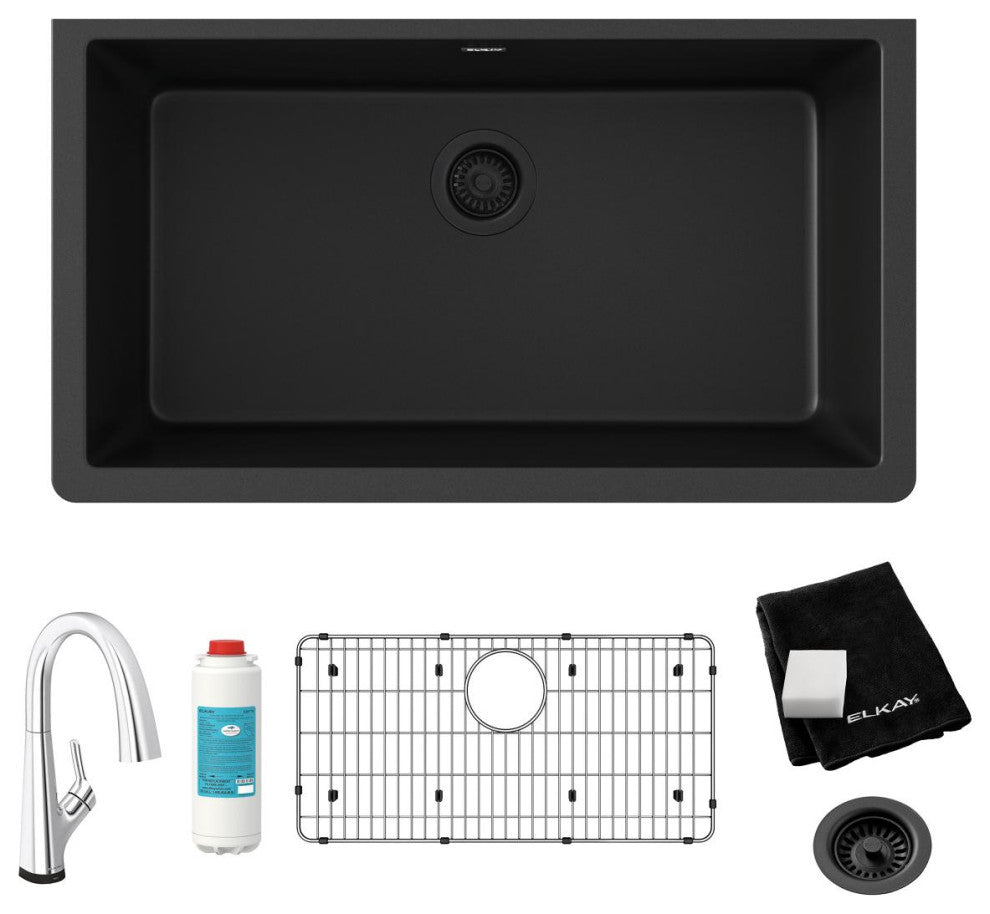 Quartz Classic 33" Single Bowl Undermount Sink Kit With Filtered Faucet, Black