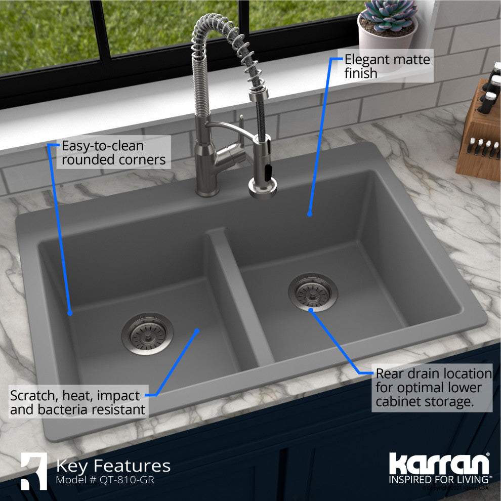 Karran 33" Top Mount Double Equal Bowl Quartz Kitchen Sink, Grey