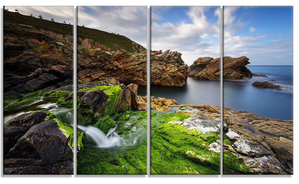"Rocks and Waterfall in Spanish Coast" Seashore Photo Wall Art, 4 Panel, 48"x28"