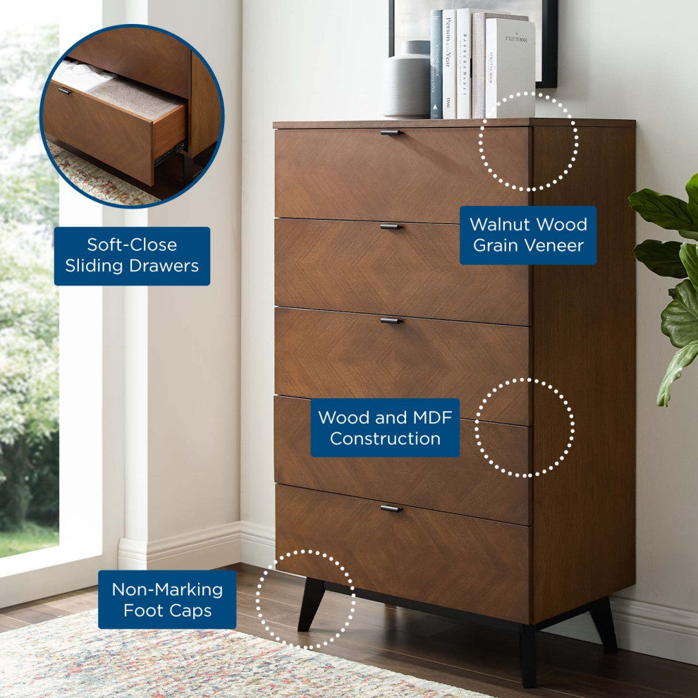 Dresser Drawer Chest Stand, Wood, Brown Walnut, Modern Mid-Century Living Room