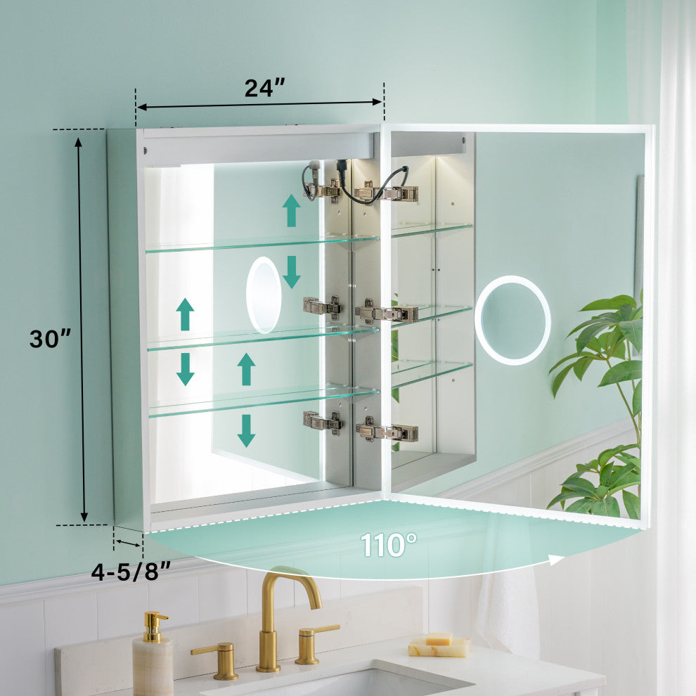 LED Medicine Cabinet with Mirror, 3X Magnifier Glass, Recessed/Surface Mount, 24"x30" Right Door