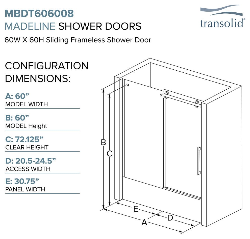 Transolid Madeline 60"x60" Frameless Shower Door with Fixed Panel in Matte Black