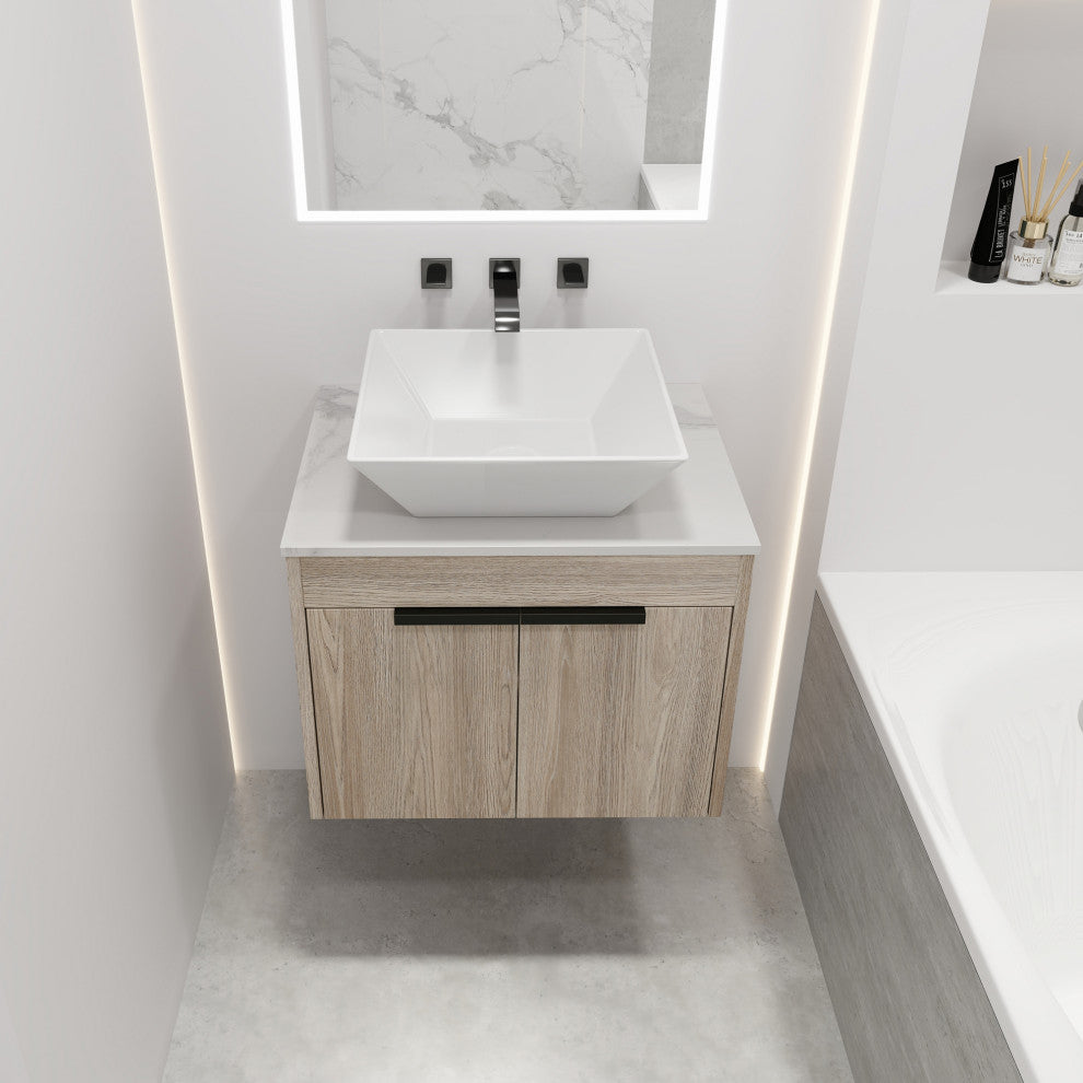 Wall-Mounted Bath Vanity, White Oak, White Ceramic Vessel Sink