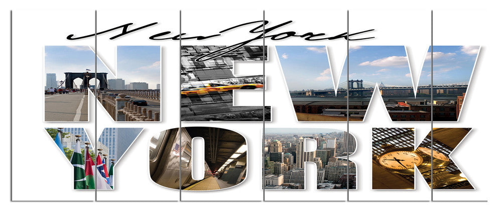 New York City Graphic Montage, Cityscape Canvas Art Print, 70"x28", 6 Panels