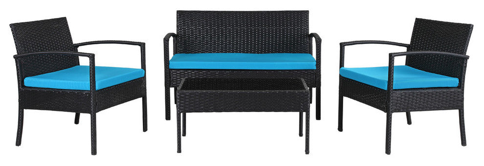 Teaset 4 Piece Black Wicker Outdoor Patio Conversation Set with Blue Cushions