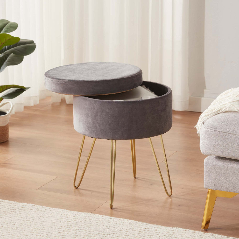 Round Storage Velvet Vanity Stool with Removable Lid, Grey