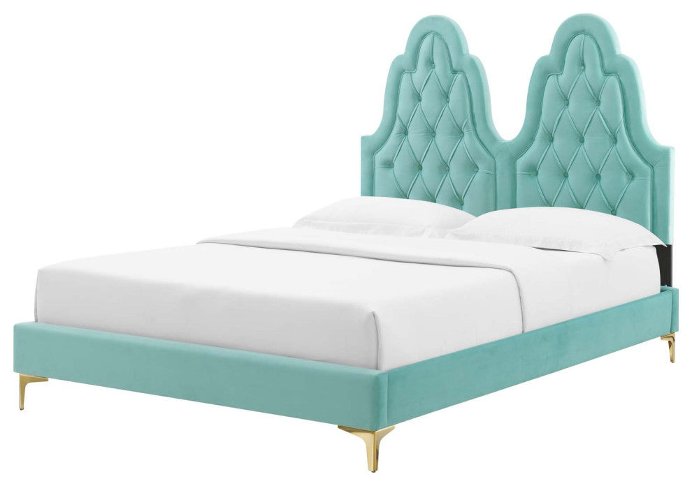 Tufted Platform Bed Frame, Queen Size, Velvet, Blue, Modern Contemporary